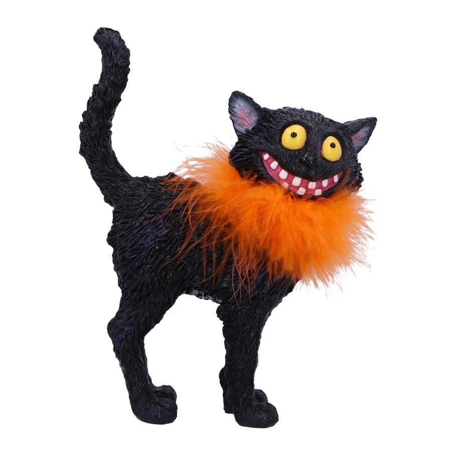 Grinning black cat figurine with yellow eyes and an orange feather boa