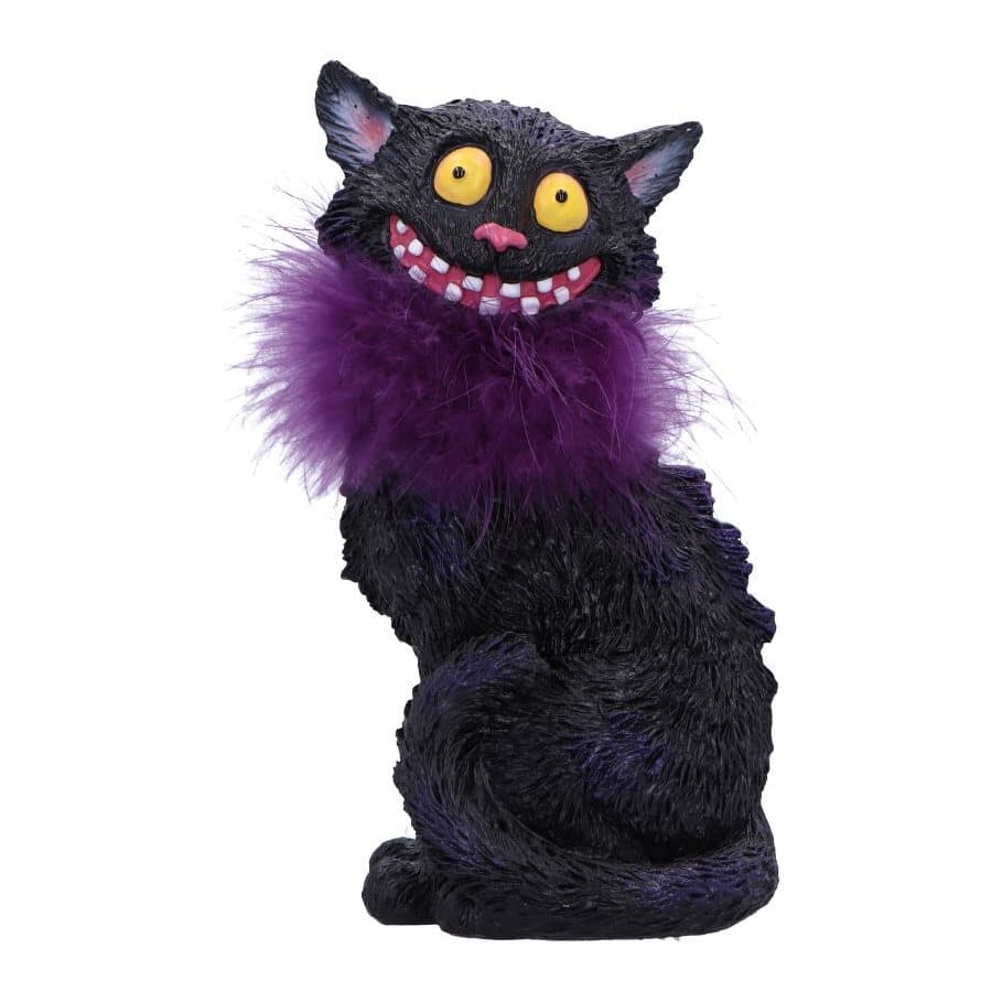 Black cat figurine with yellow eyes and a purple feather boa