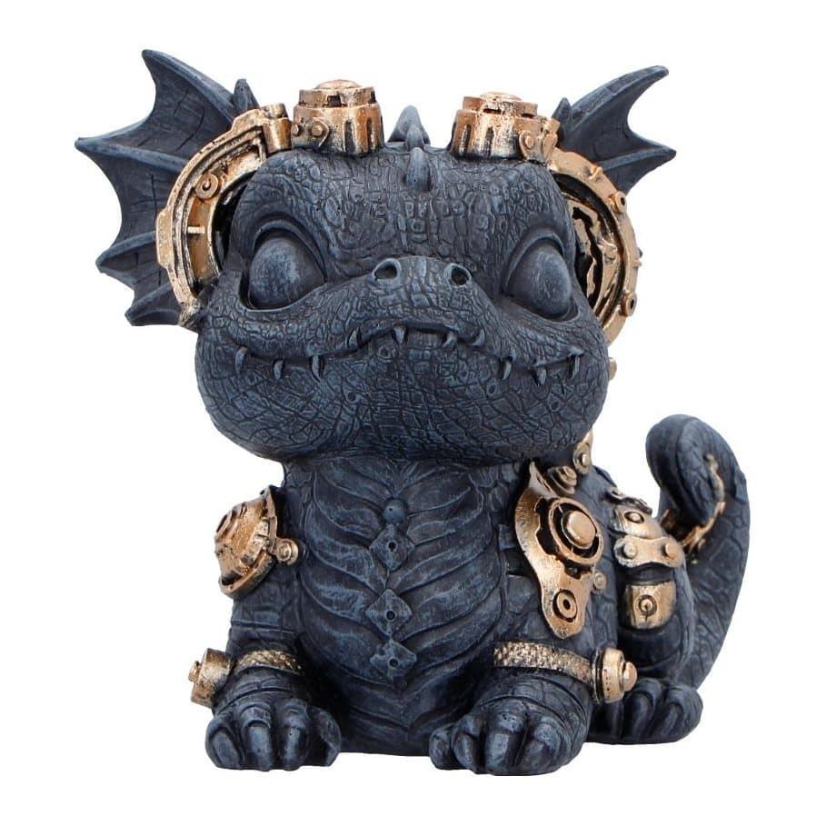 Steampunk dragon figurine lying on its belly with goggles on its forehead