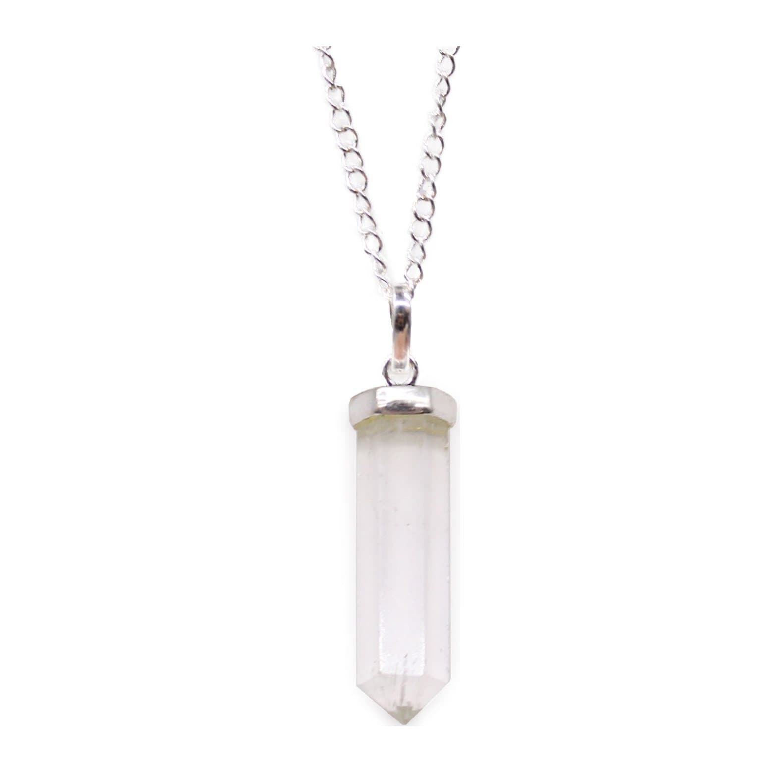 Pale translucent rock quartz crystal point pendant