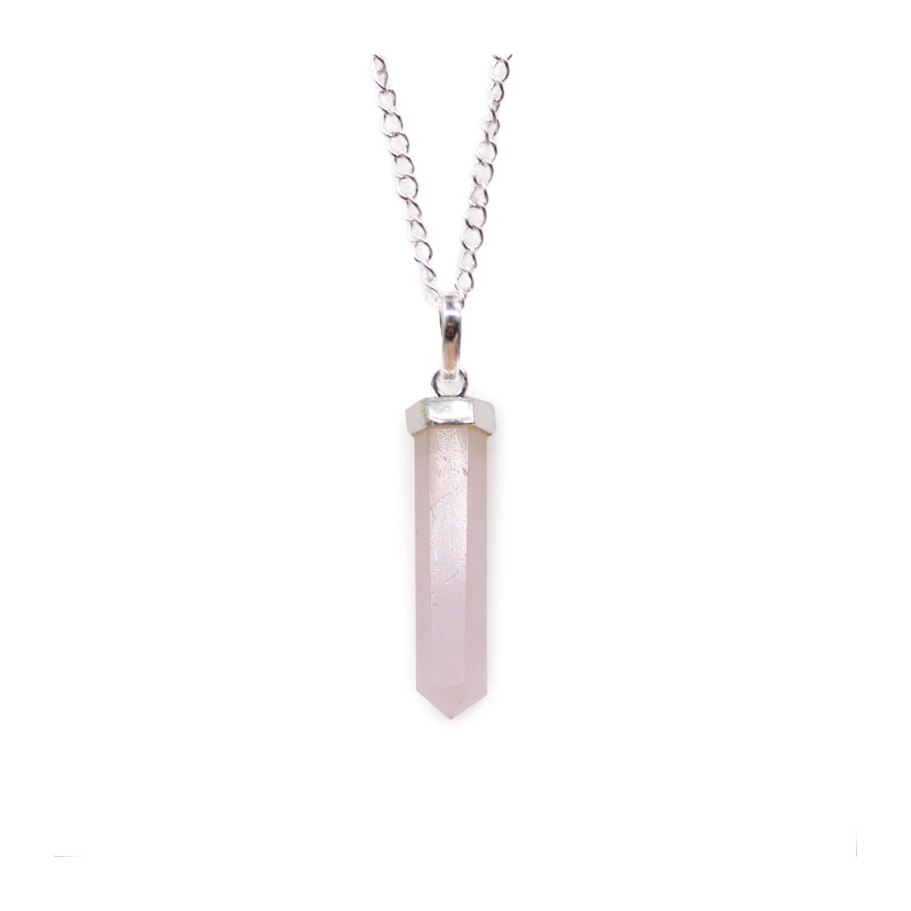 Rose quartz point pendant on a silver-plated chain