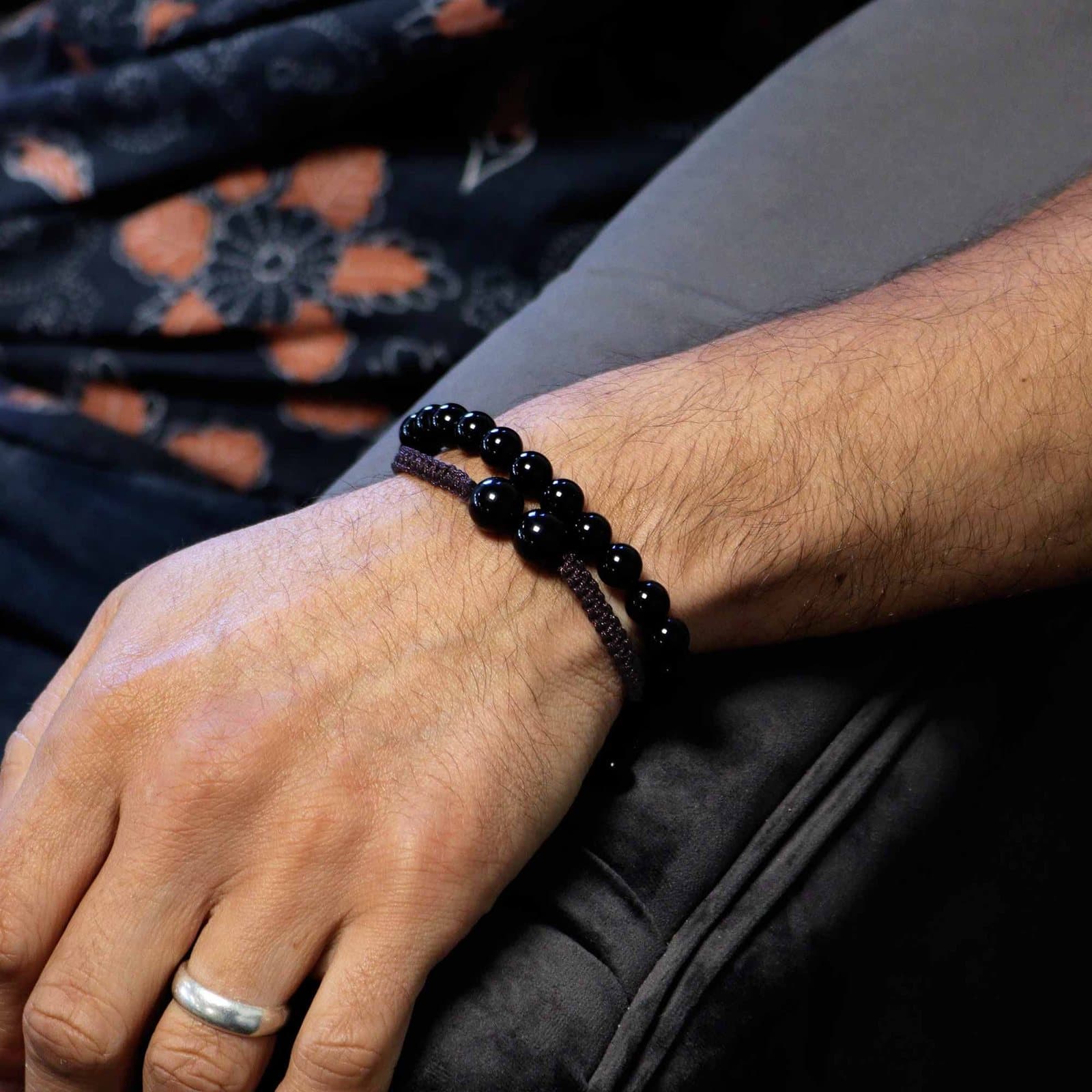Black agate bead bracelets on string