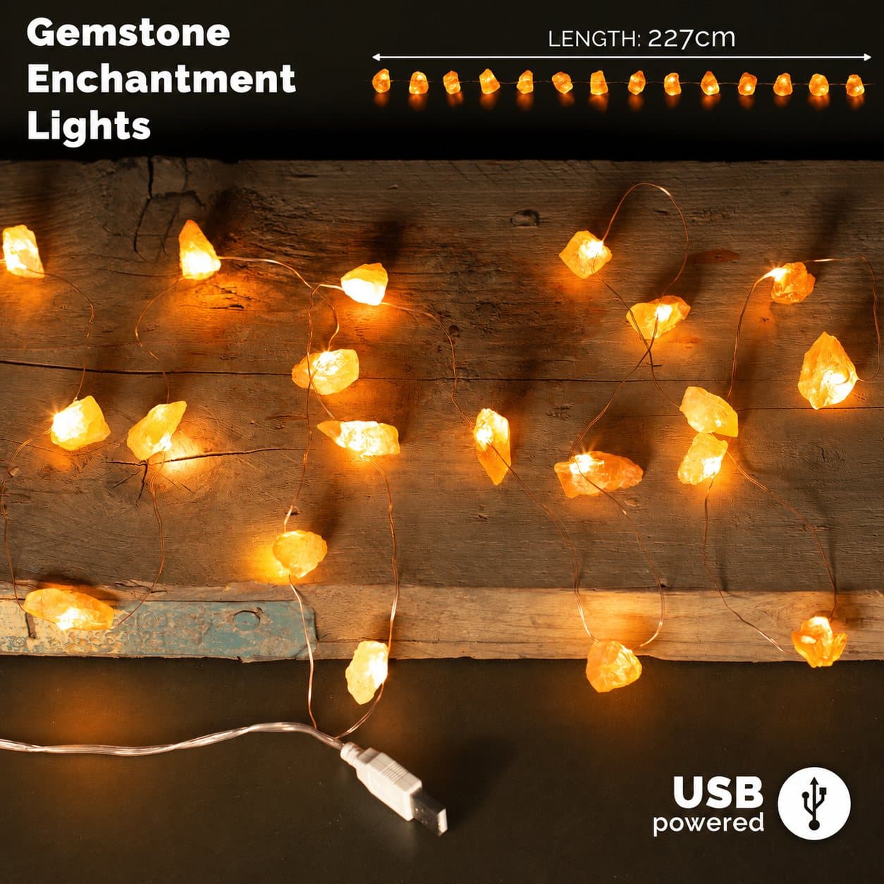 String of 20 orange jade gem LED lights