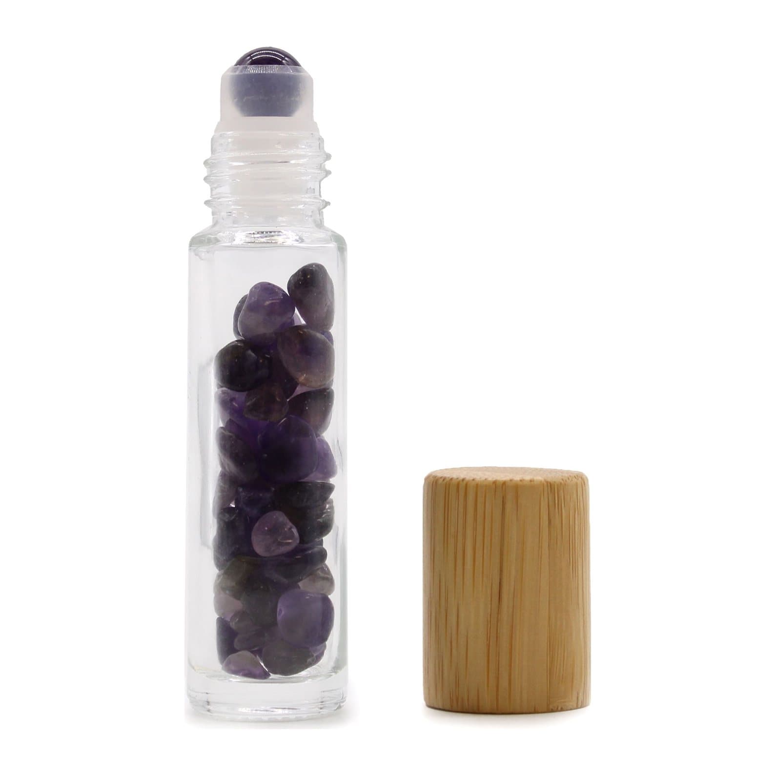 Glass roller bottle with amethyst ball and wooden cap