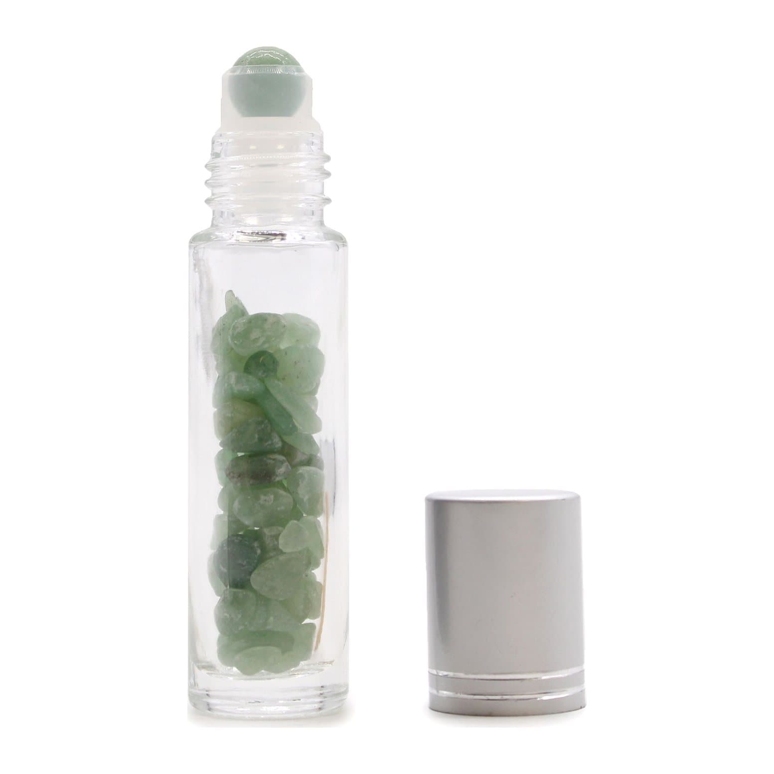 Glass roller bottle with green aventurine ball and silver cap