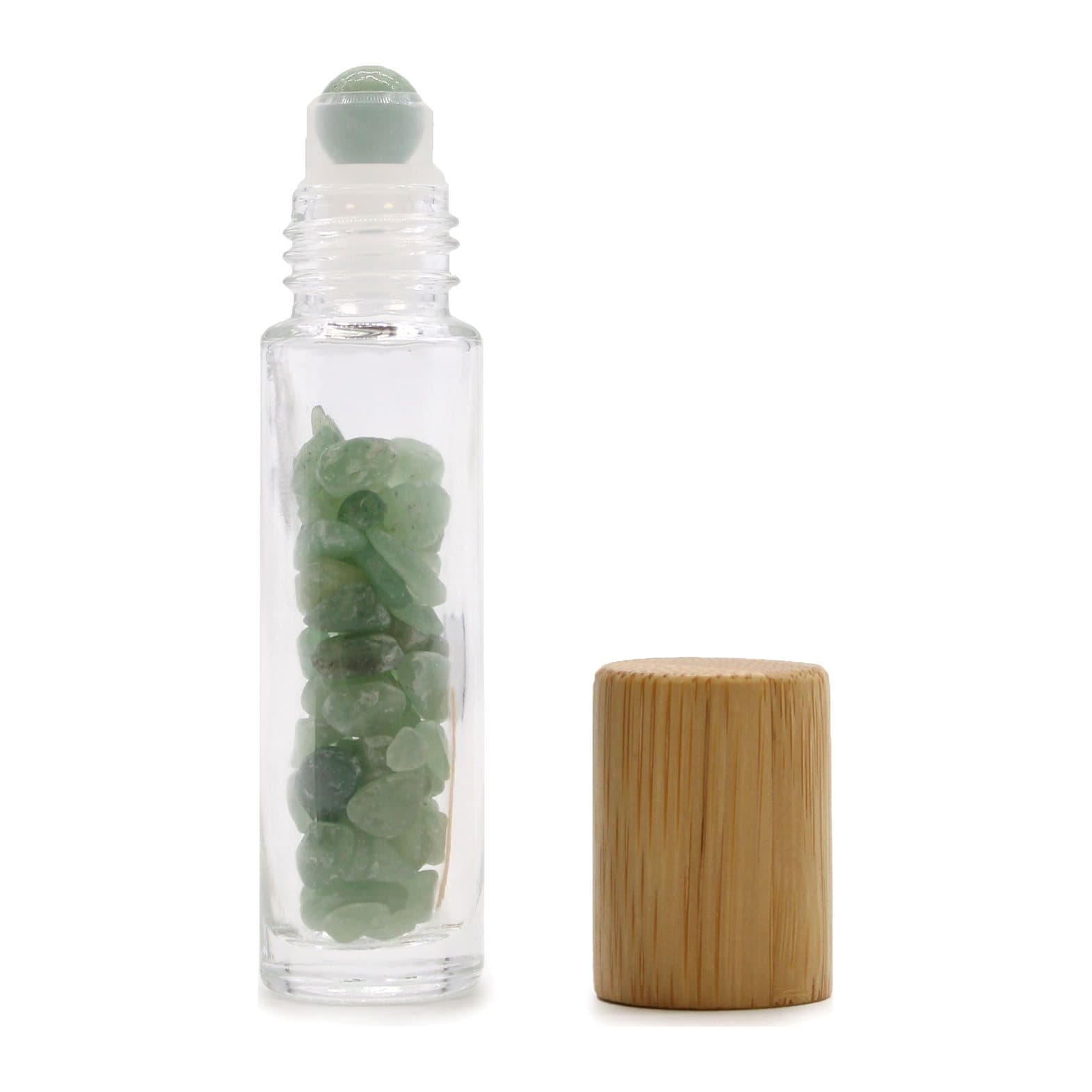 Glass roller bottle with green aventurine ball and wooden cap
