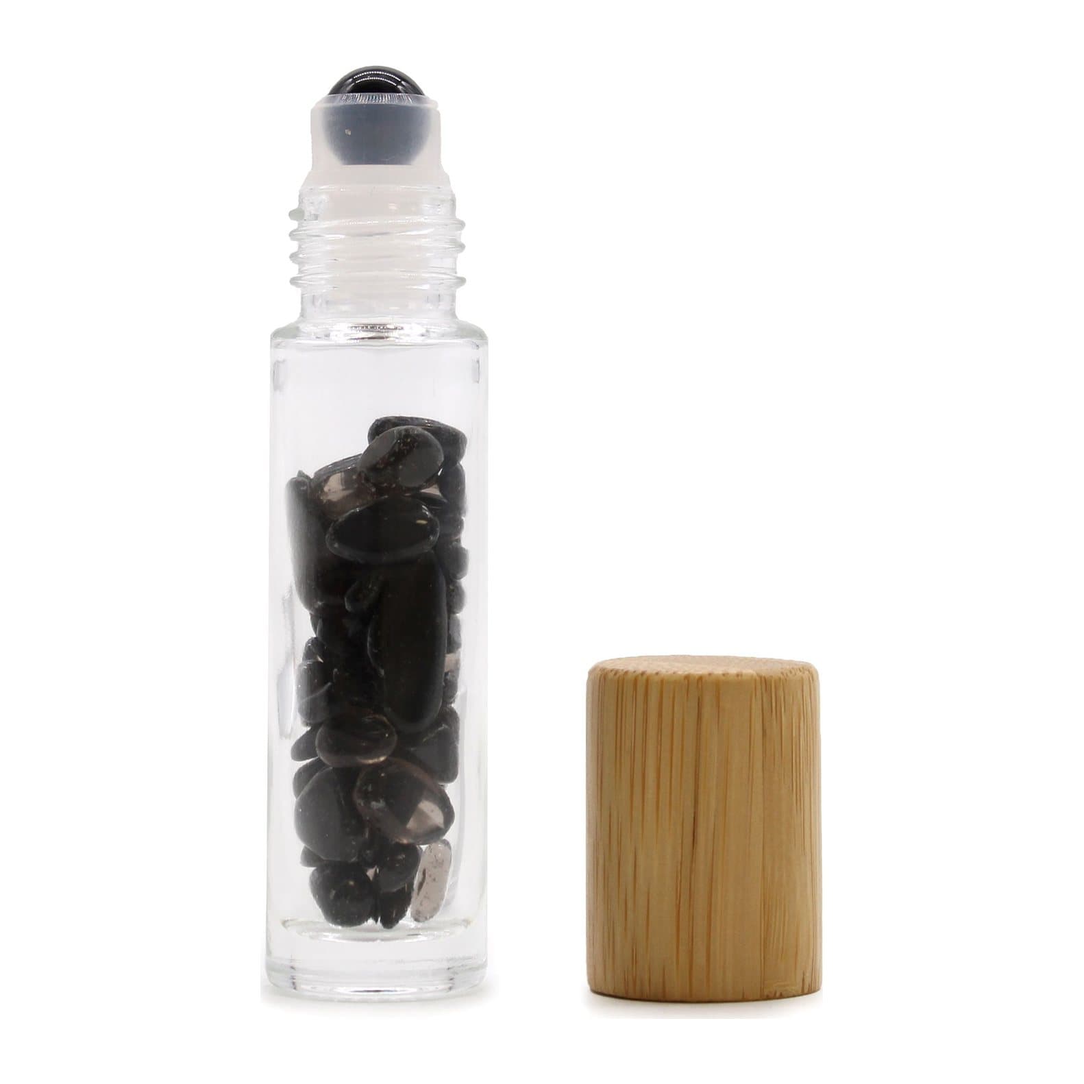 Glass roller bottle with black tourmaline ball and wooden cap
