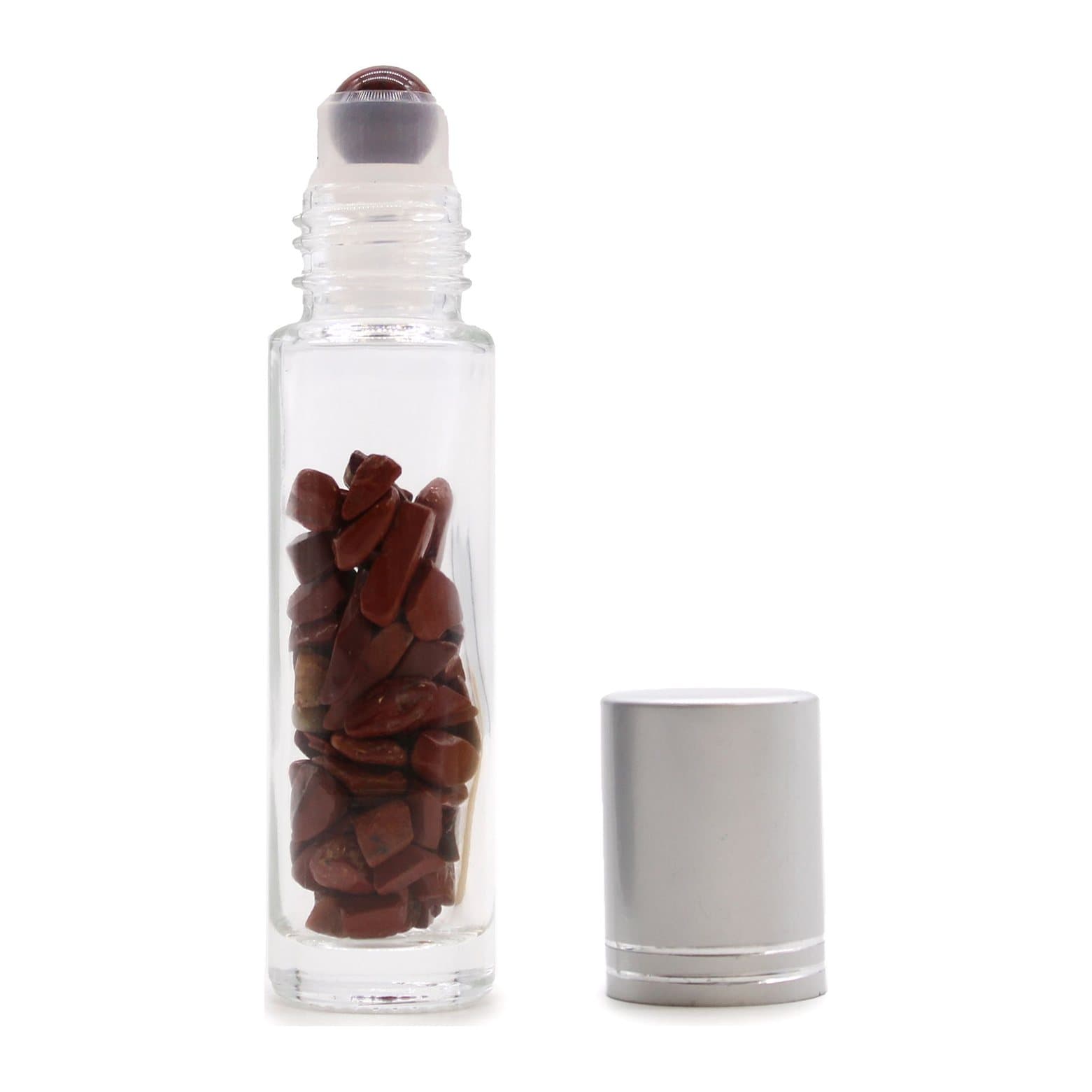 Roll-on bottle with a polished red jasper ball and silver cap