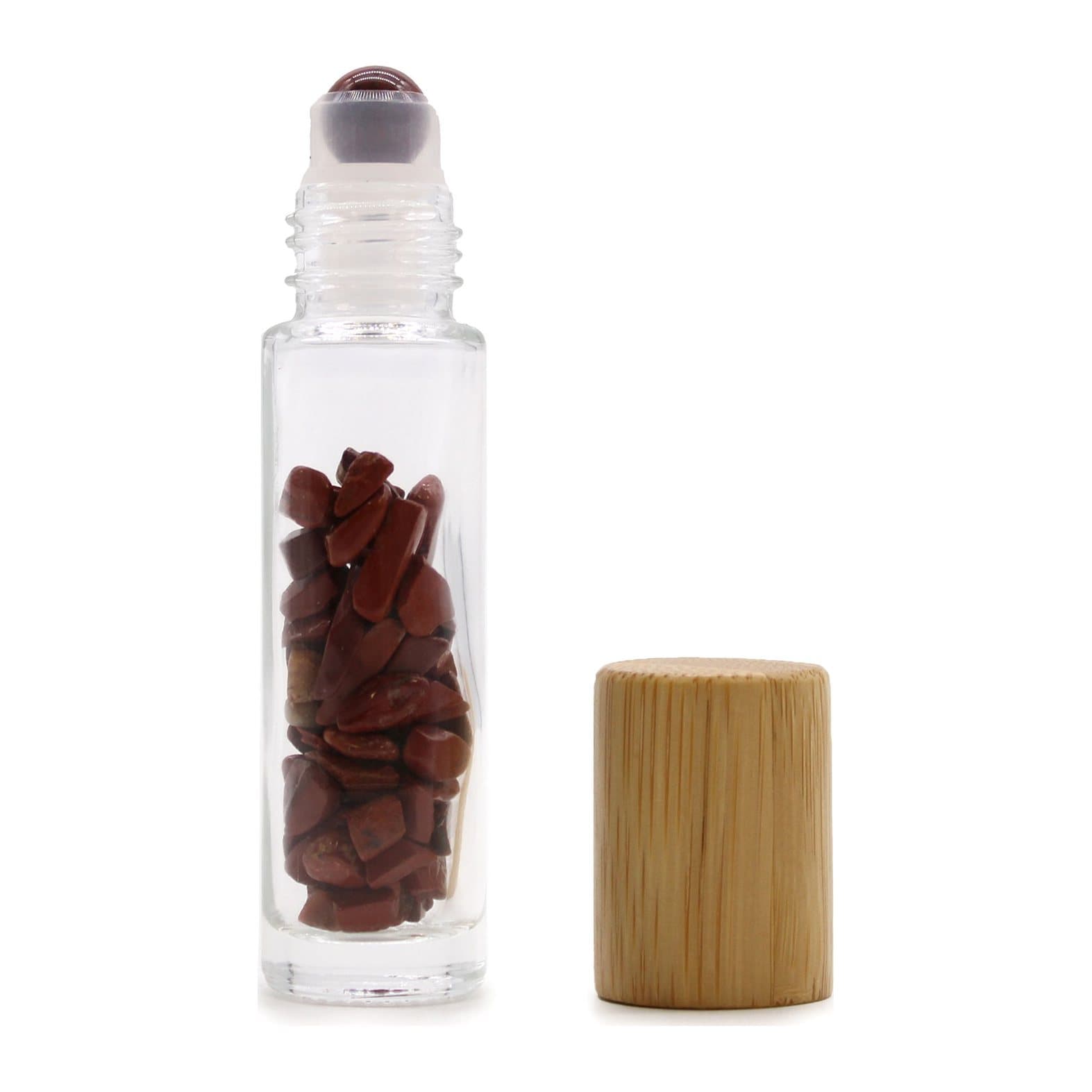 Glass roller bottle with a red jasper ball and wooden cap