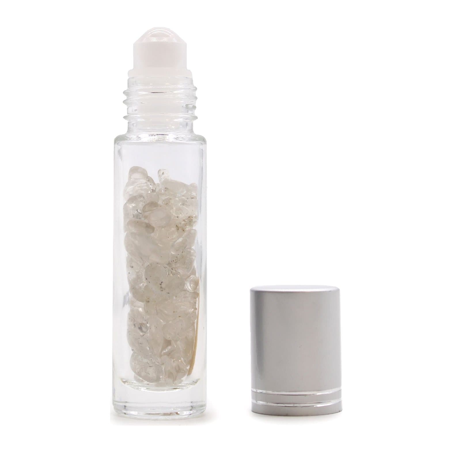 Roller bottle with a polished rock quartz ball and silver cap