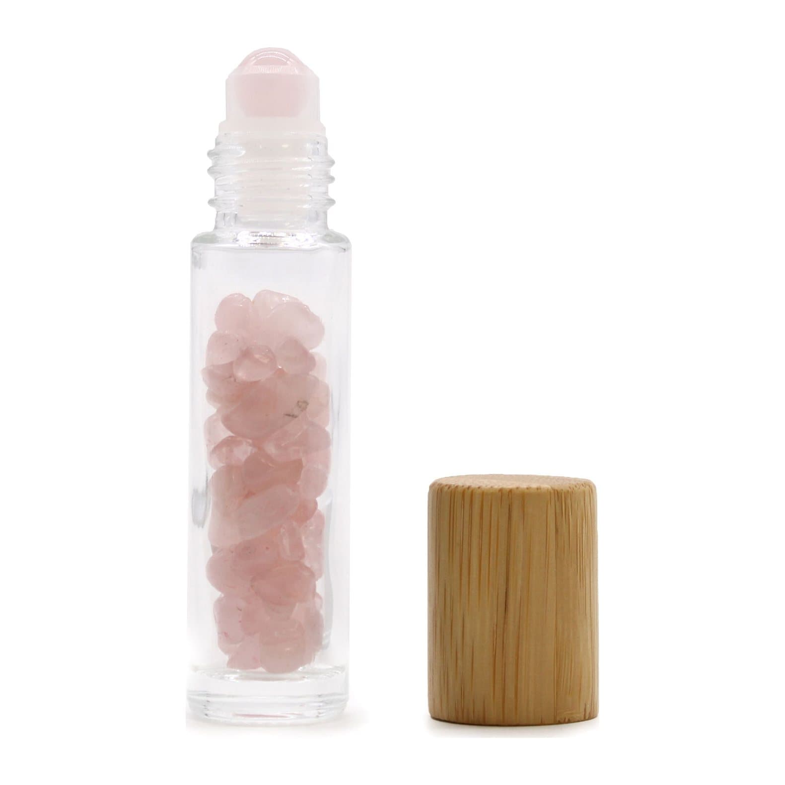 Glass roller bottle with rose quartz stones, roller ball and wooden cap