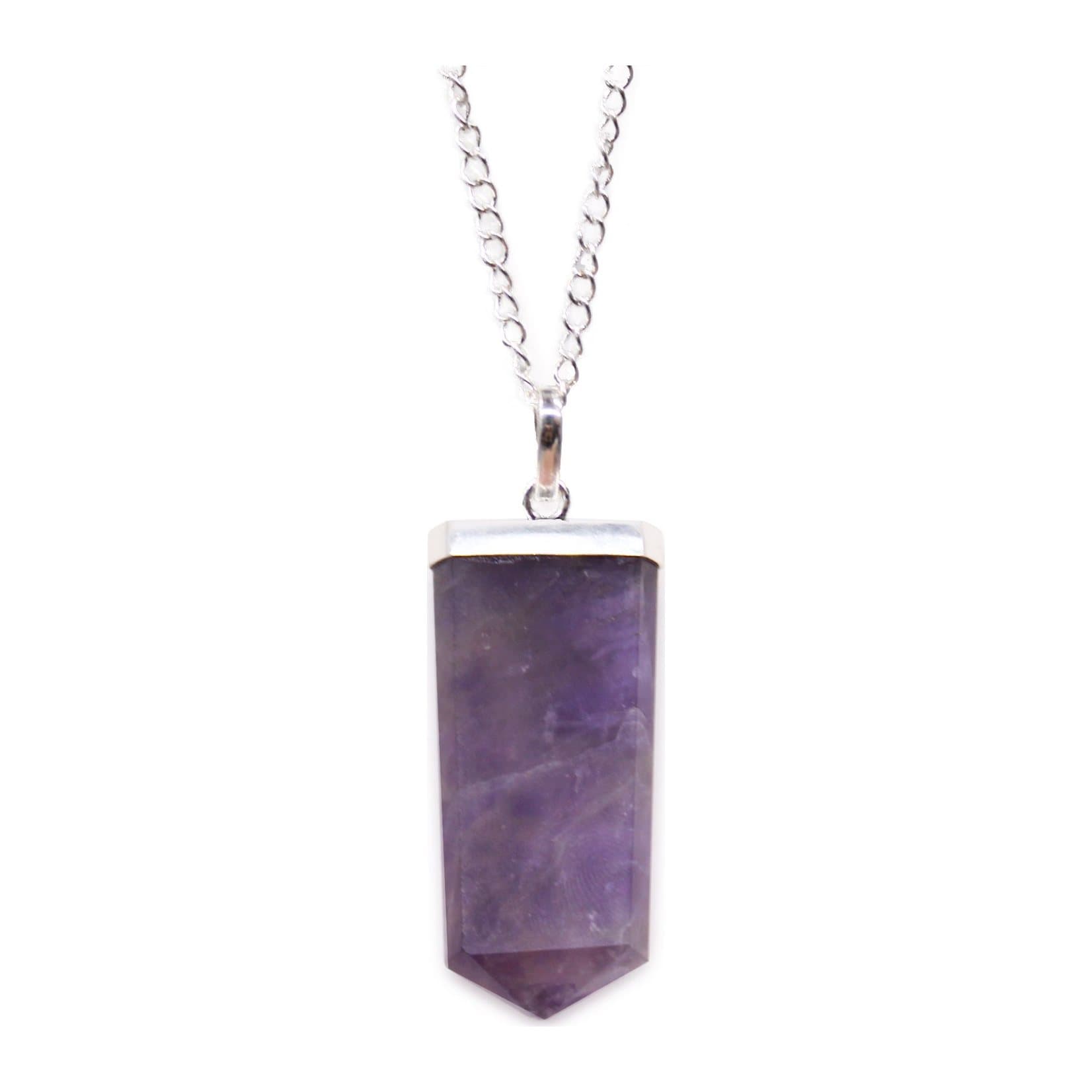 Flat amethyst pencil pendant on a silver-plated chain