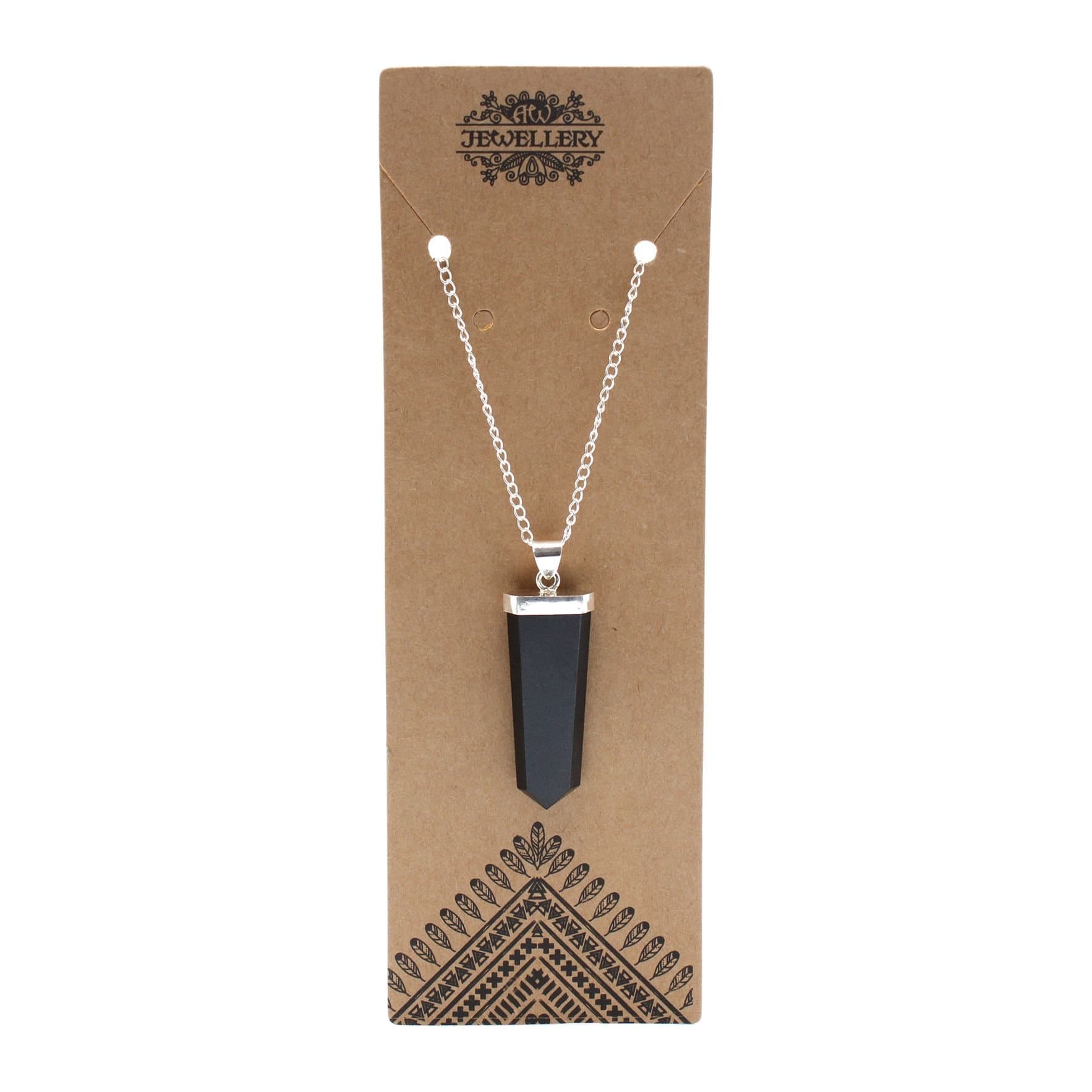 Black agate flat pencil pendant on a silver-plated chain