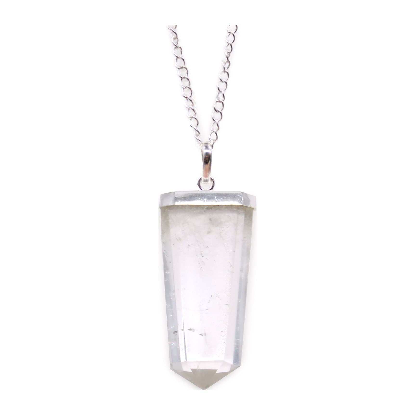 Flat pencil-shaped rock quartz pendant on a silver-plated chain