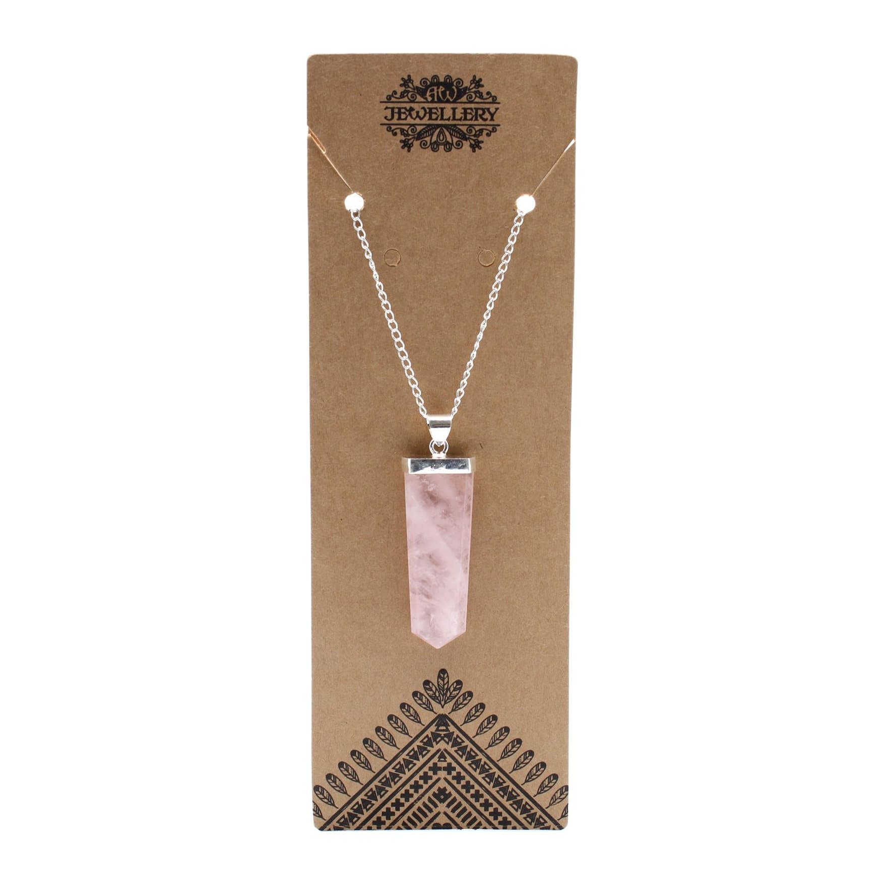 Flat pencil-shaped rose quartz pendant on a silver-plated chain