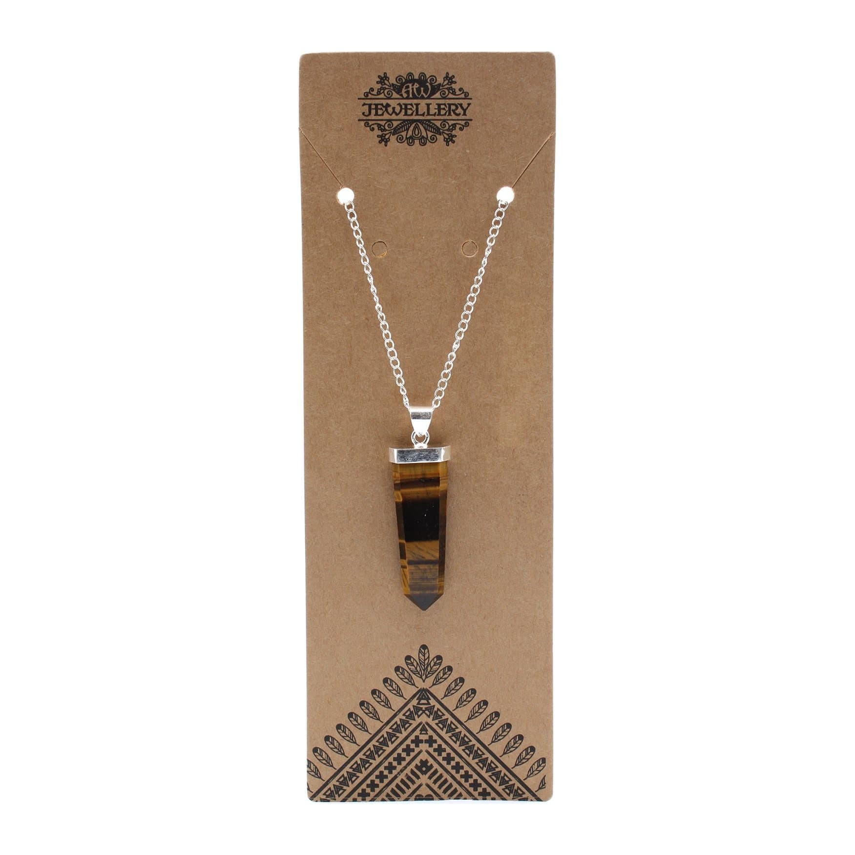 Flat tiger eye pencil pendant on a silver-plated chain