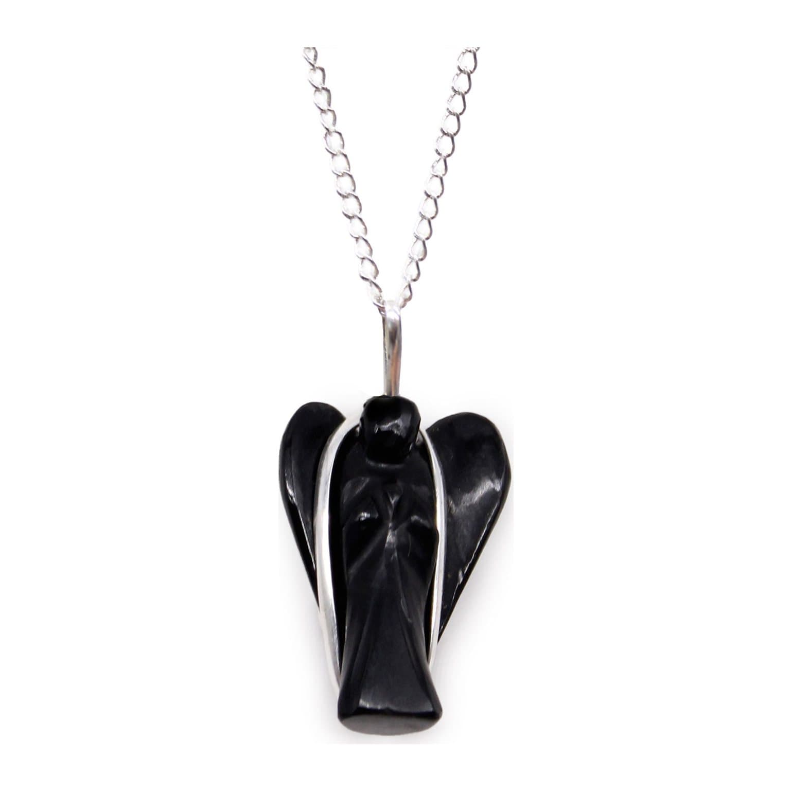 Black agate guardian angel pendant on a silver-plated chain
