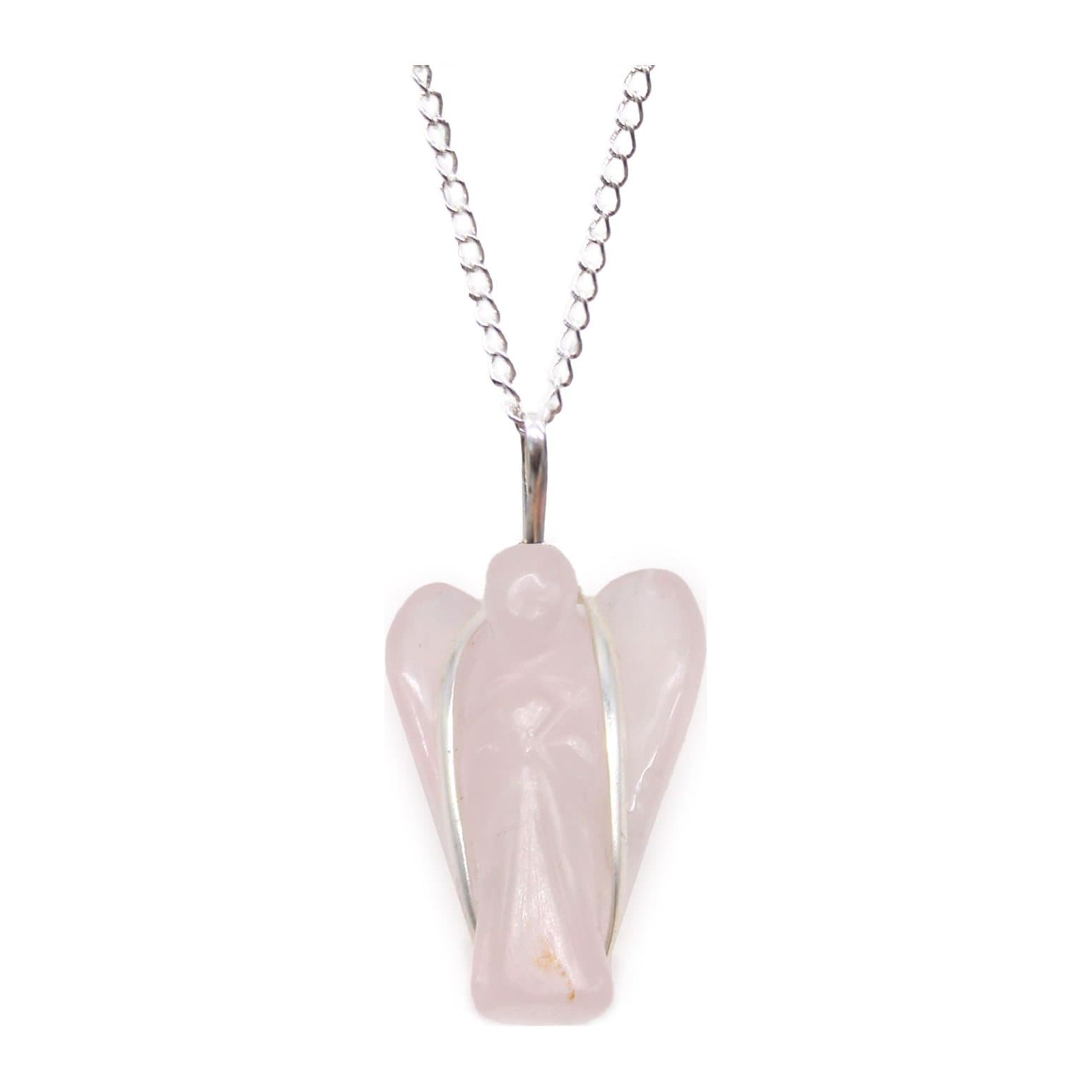 Guardian Angel pendant with a rose quartz stone on a silver-plated chain