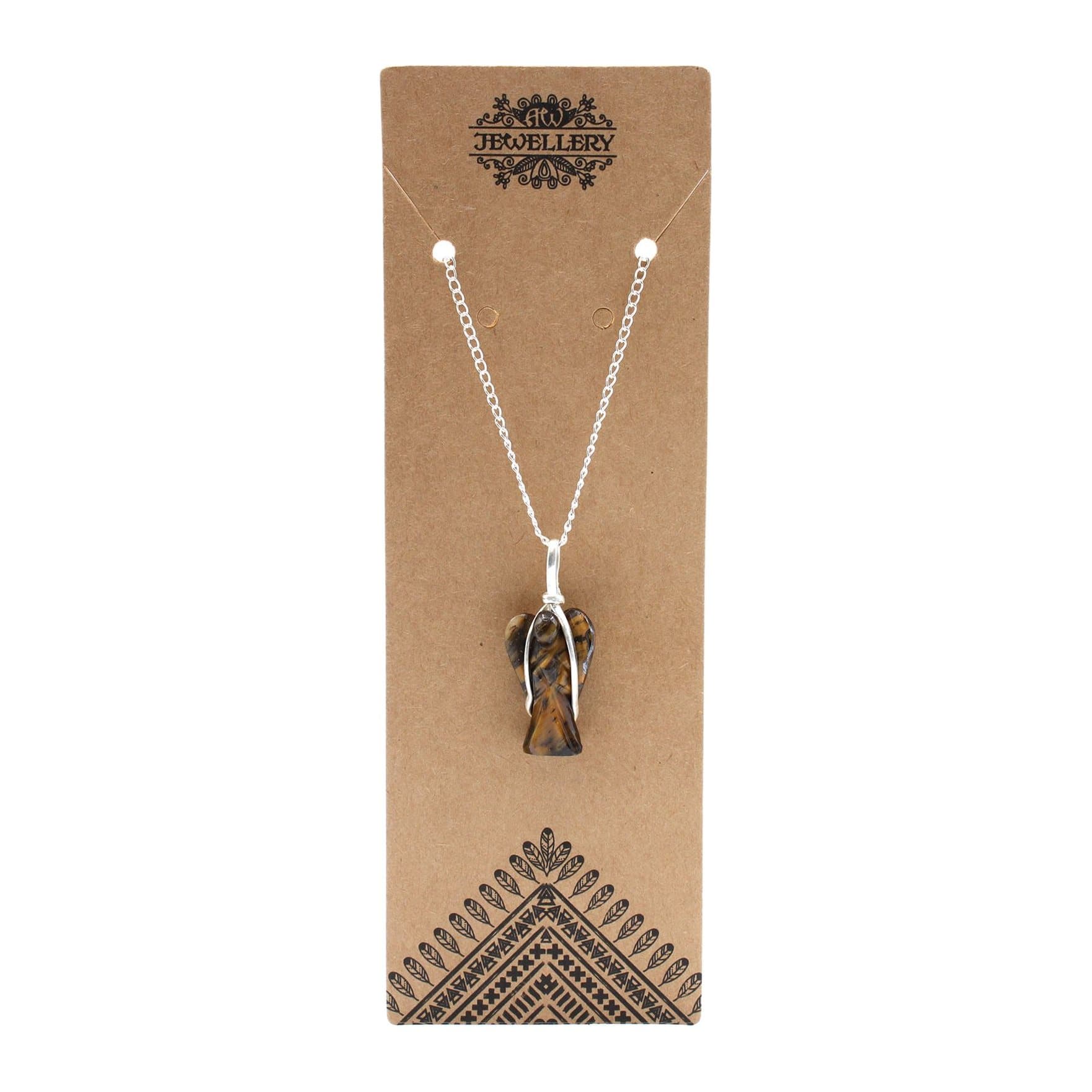 Tiger eye guardian angel pendant on a silver-plated chain