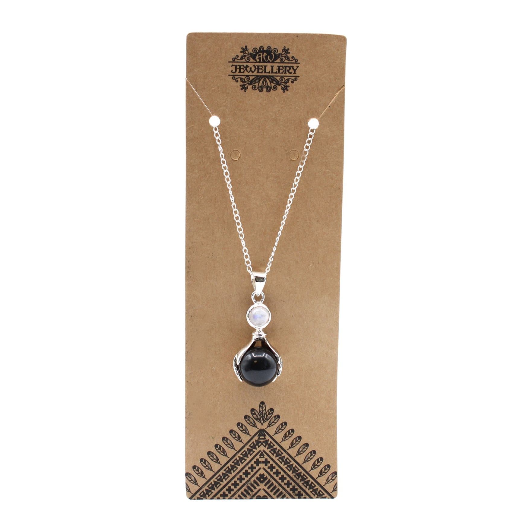 Silver plated pendant with a smooth black agate stone and a hands design