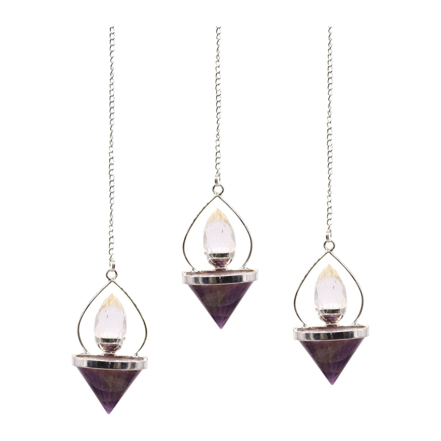 Pendulum with a purple amethyst base and clear quartz top in a lantern setting