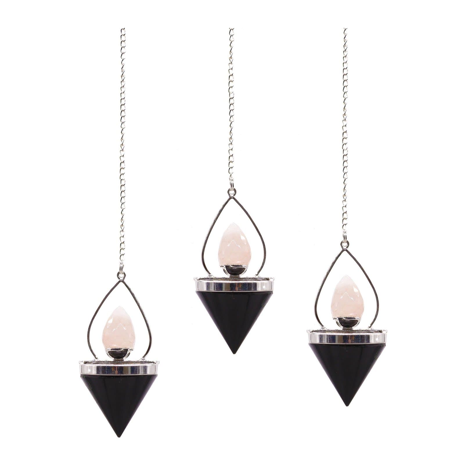 Lantern-style pendulum with a black agate cone and a pale pink rose quartz top
