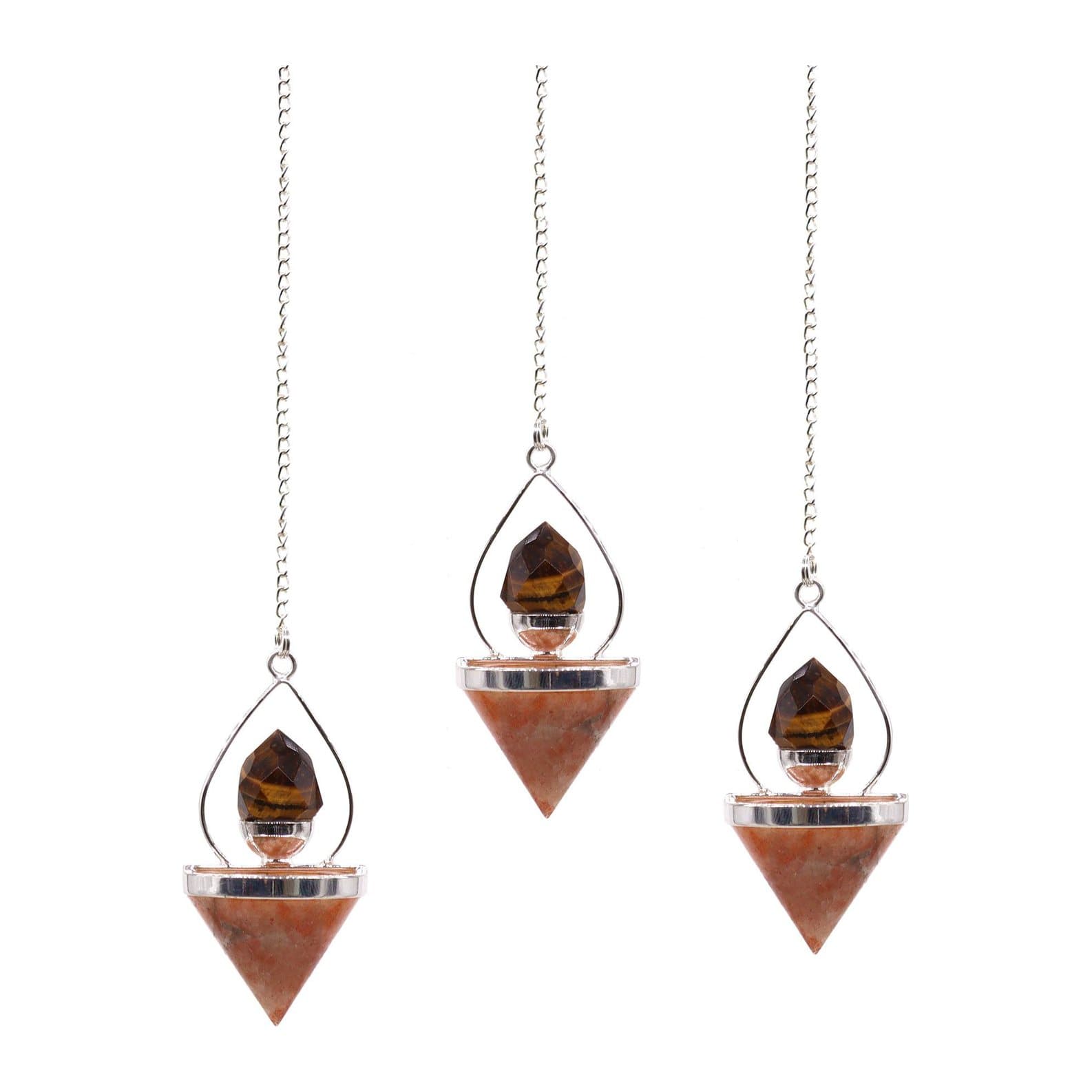 Sunstone pendulum with a faceted tiger eye detail in a lantern setting