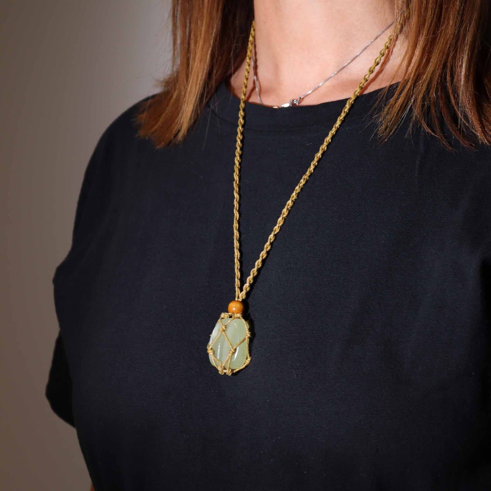 Sand waxed cotton necklace cord with macrame wrap and wooden bead