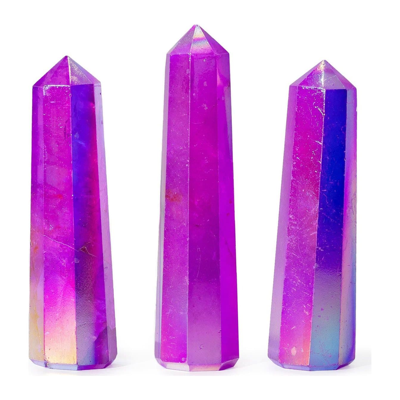 Polished aurora quartz obelisk point with an iridescent shimmer