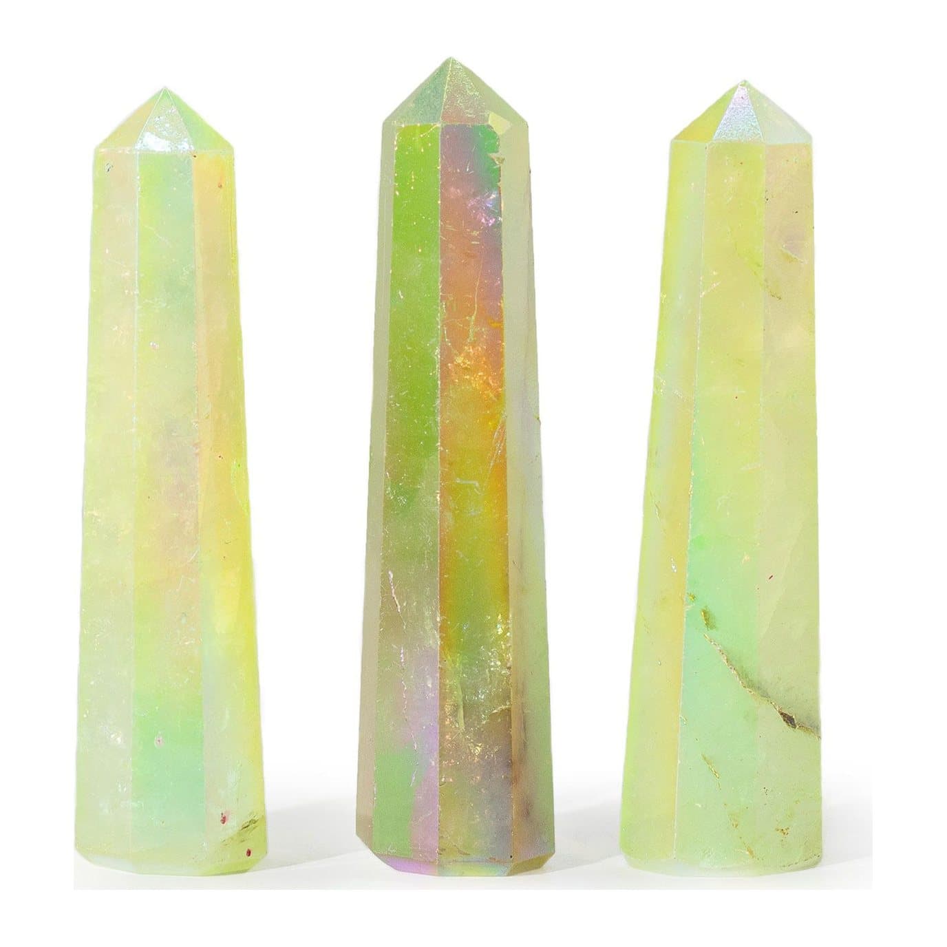 Pale green aurora crystal quartz obelisk with an iridescent polished finish