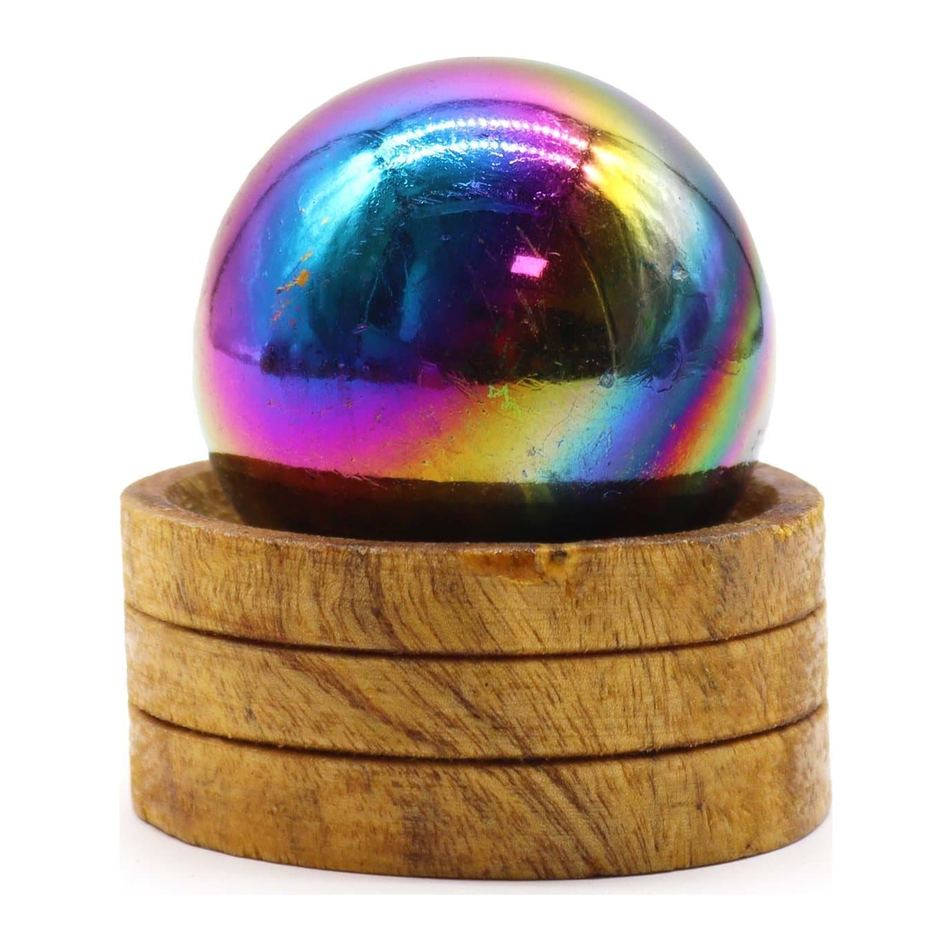 Amethyst aura gemstone sphere resting on a stand