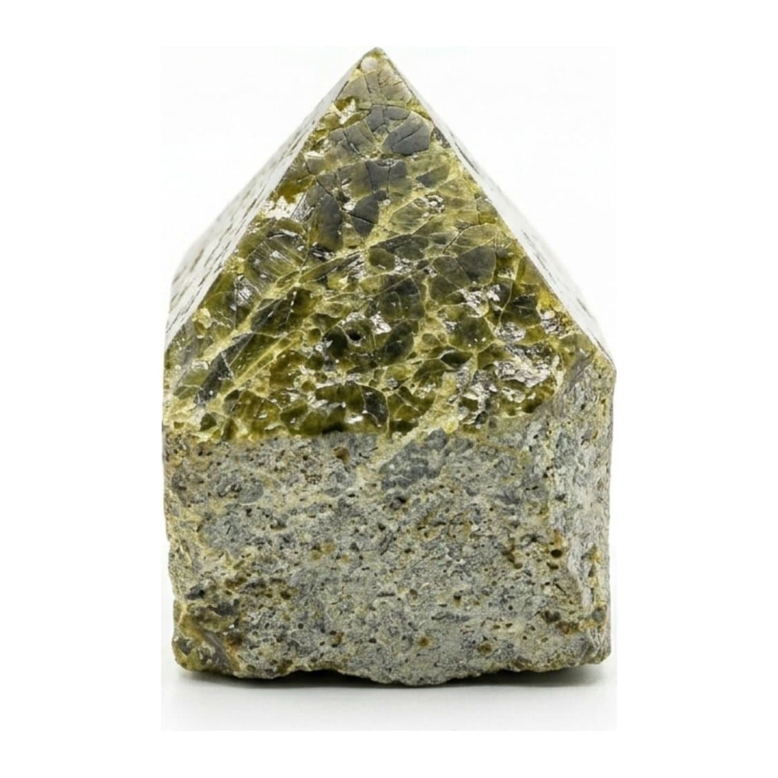 Green epidote crystal points with polished tops and raw bases