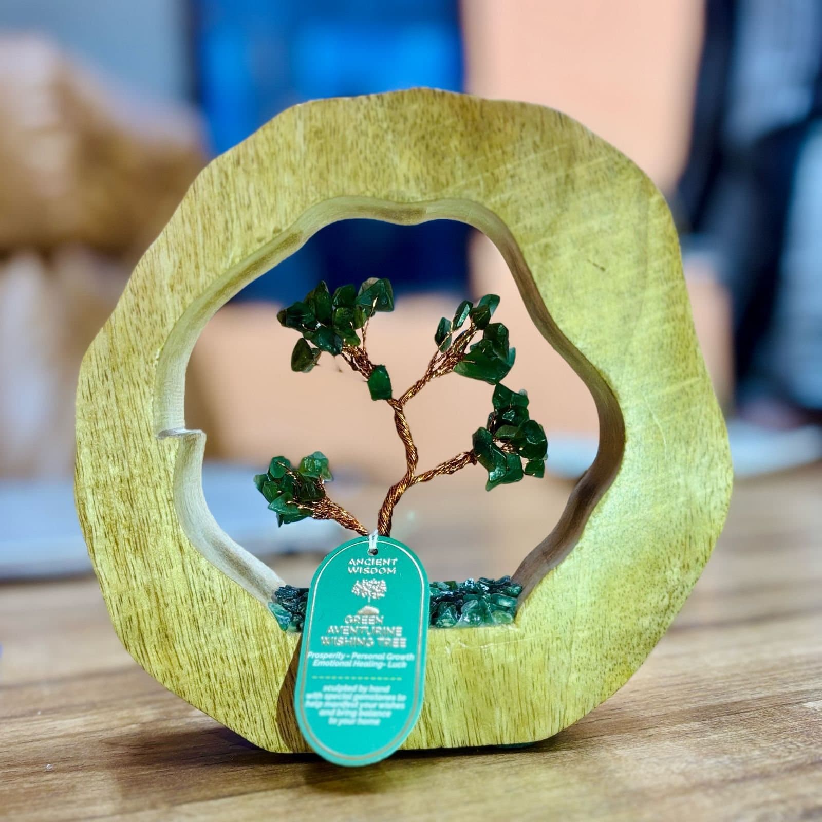 Green aventurine gemstone tree with chipstones and a mango wood ring