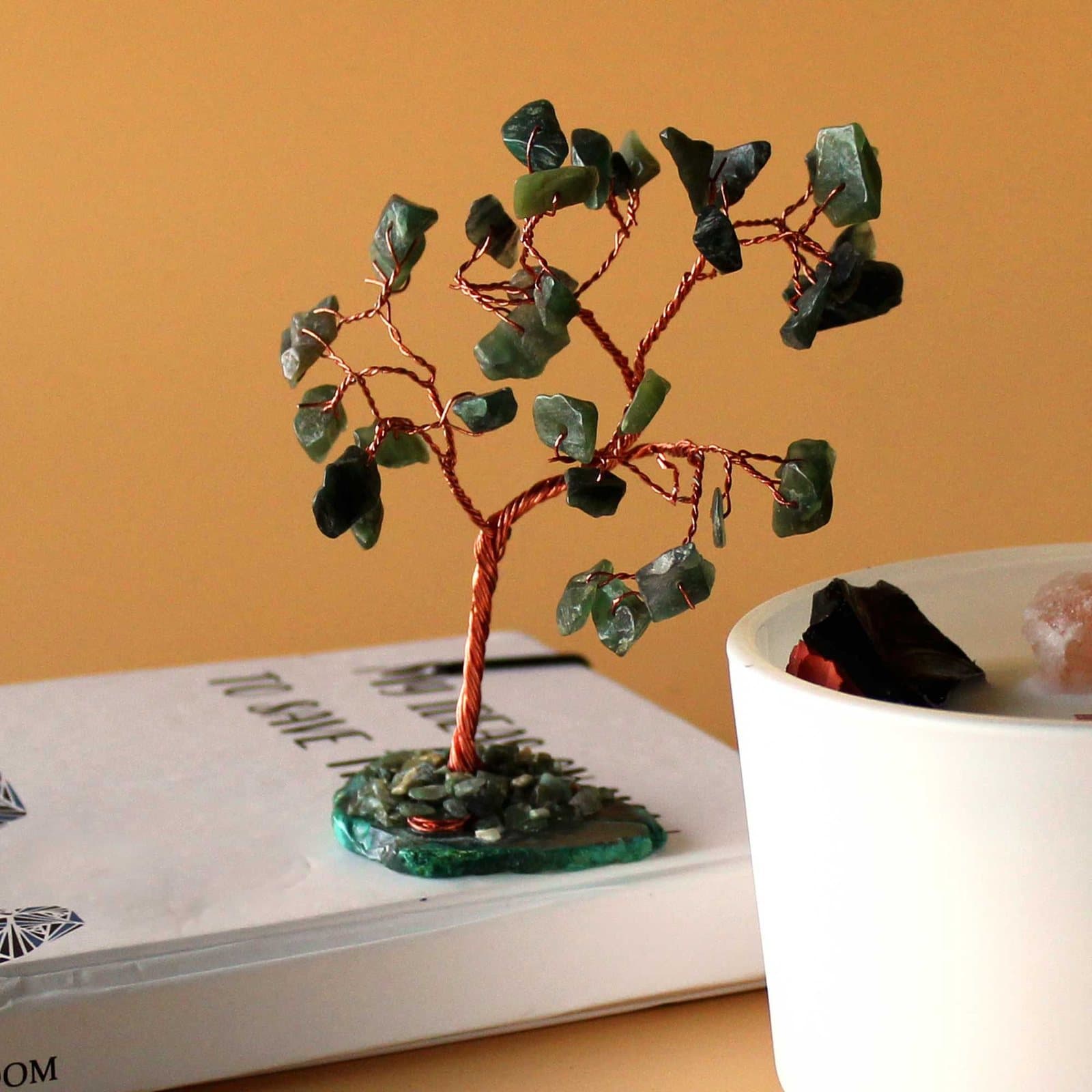 Small tree of green aventurine stones on a green agate base