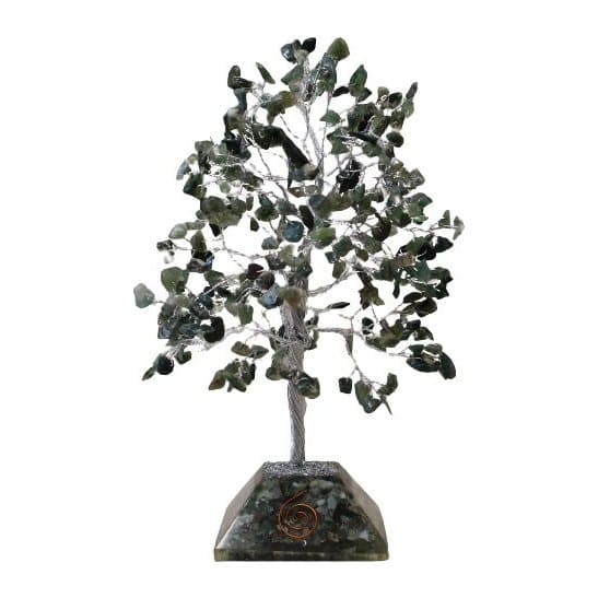 Moss agate gemstone tree with 320 stones on an orgonite base