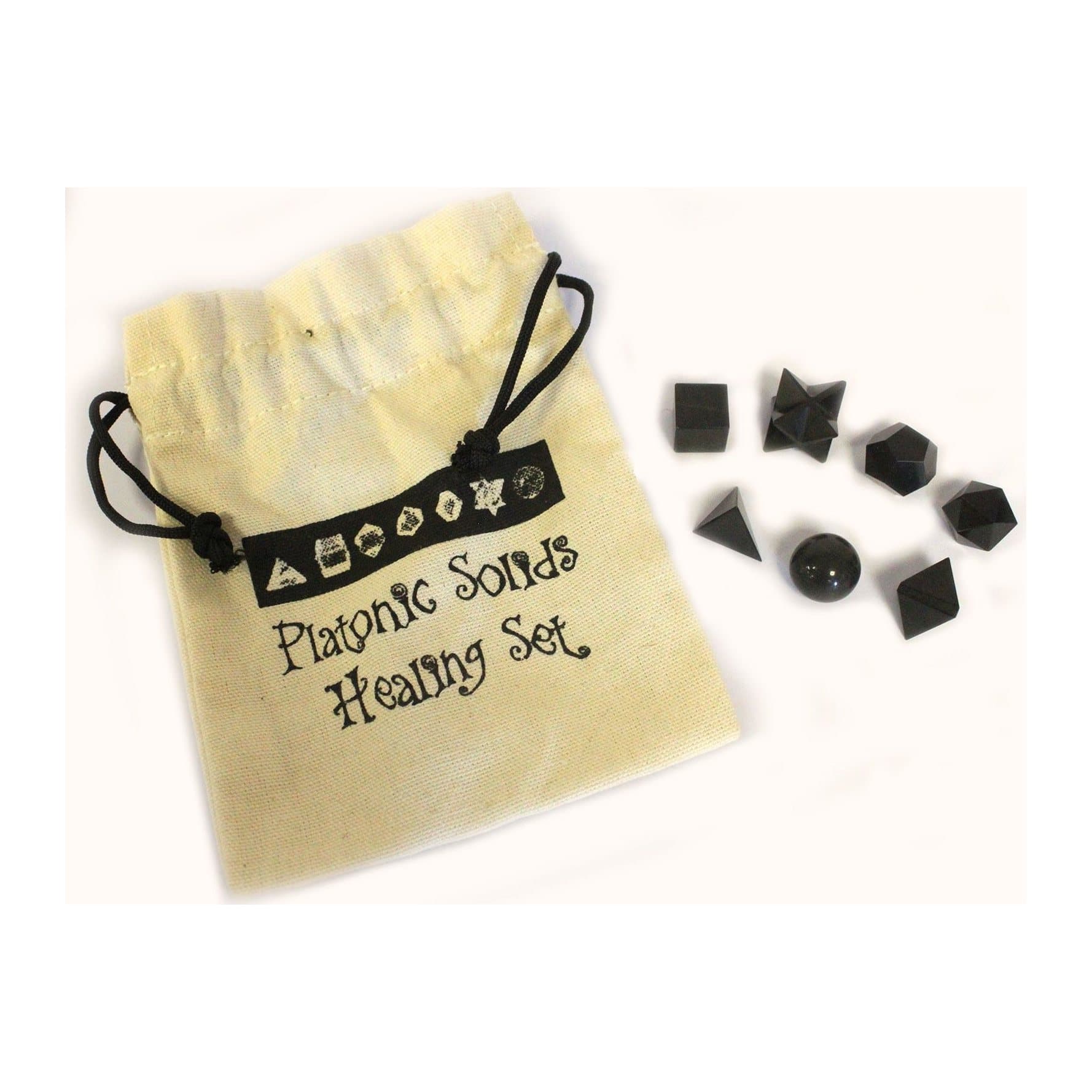 Seven black agate pieces in different geometric shapes