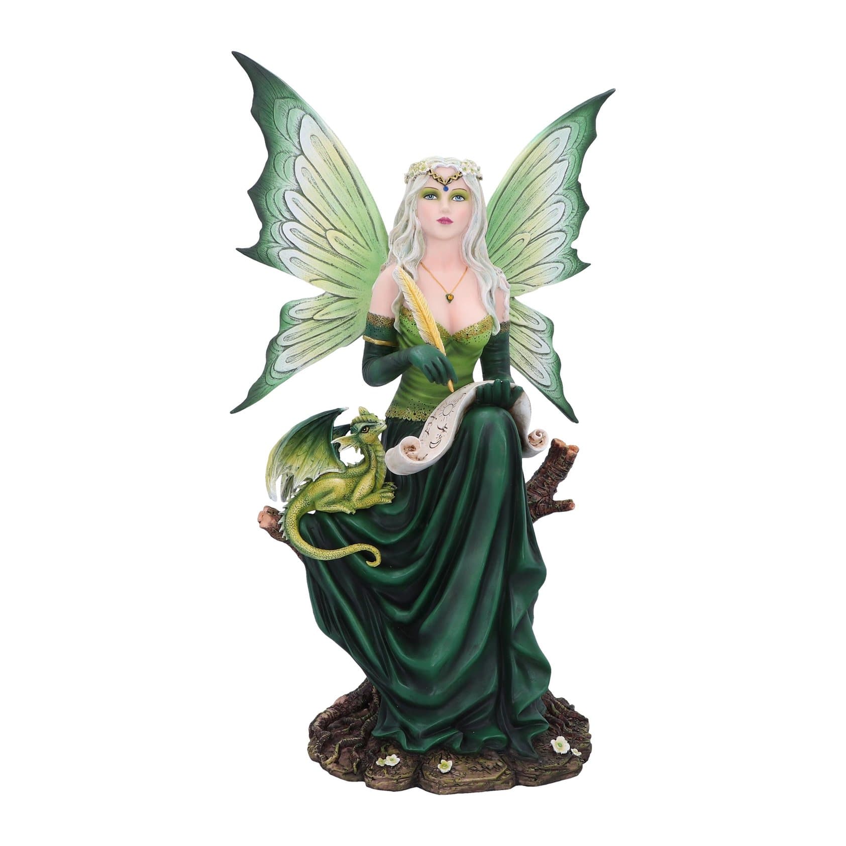 Fairy figurine on branches holding a scroll and feather pen with a dragon beside her