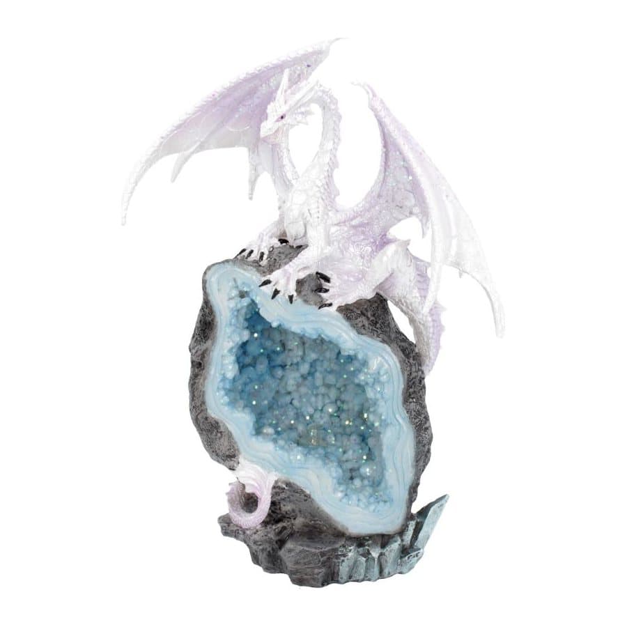 Ice white resin dragon climbing over a split baby blue geode with crystals inside