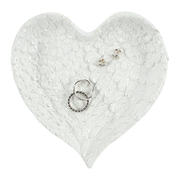 Glitter heart shaped angel wing trinket dish