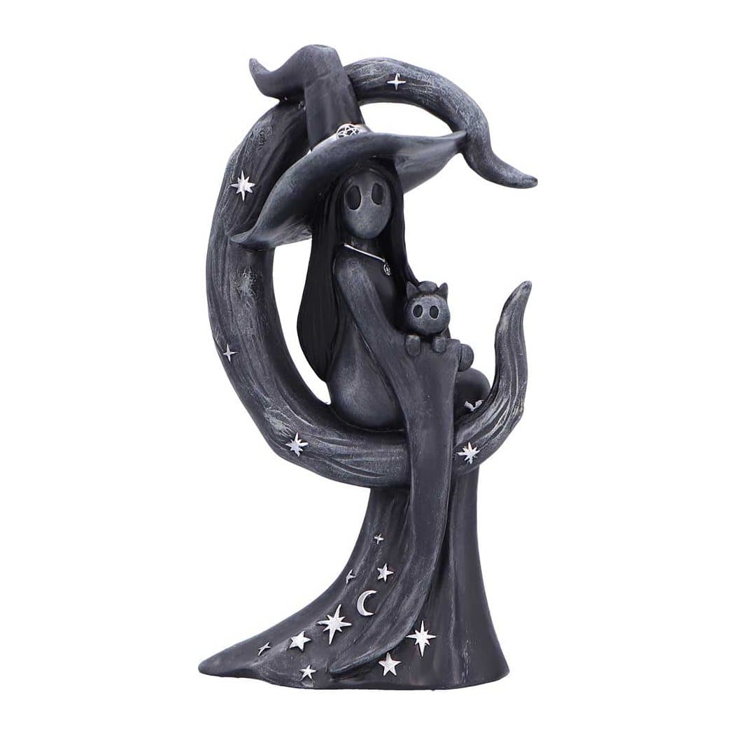 Figurine of a soul seated in a crescent moon with her cat on her lap