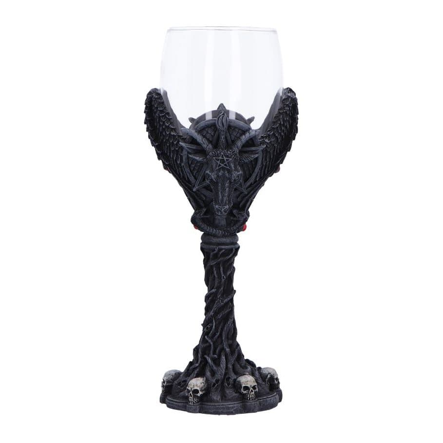 Matte black resin Baphomet goblet with pentagram and skull motifs