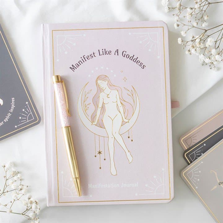 A5 goddess manifestation journal with a rose quartz crystal chip pen