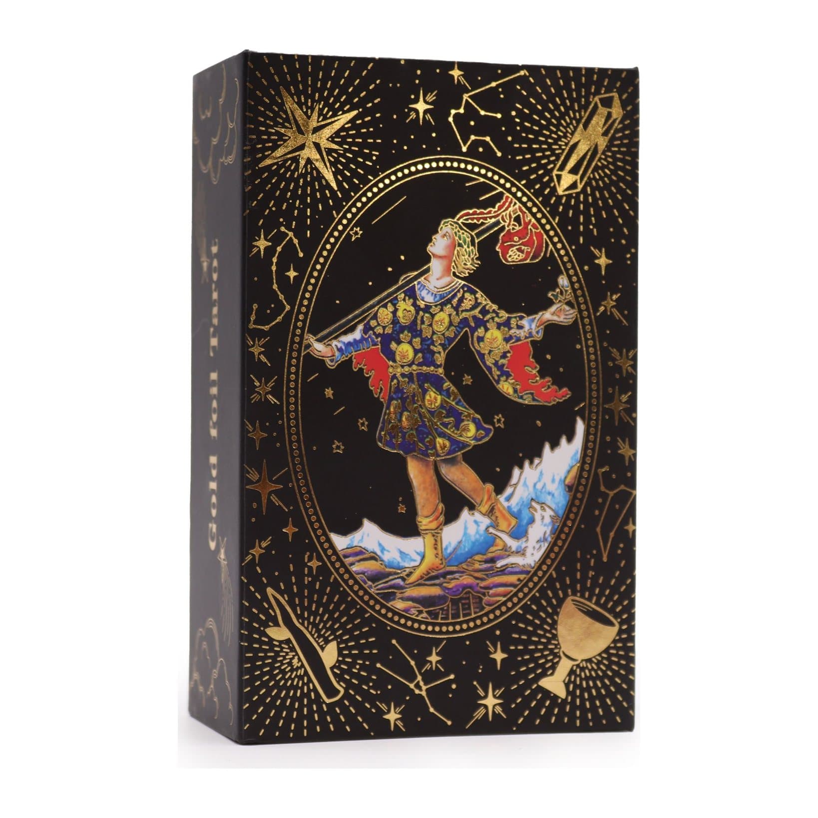 Gold foil tarot cards and guidebook with a black and gold magnetic gift box
