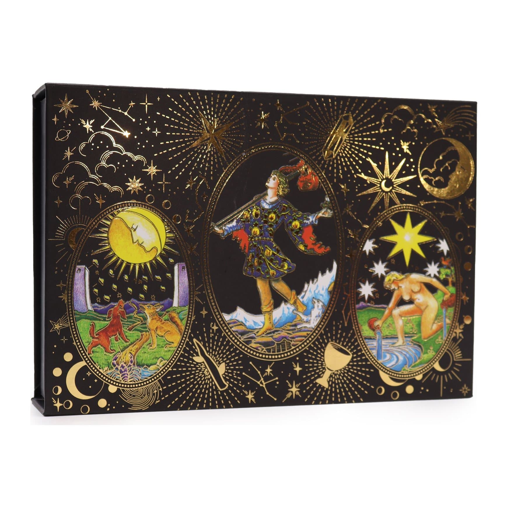 Gold foil tarot deck with guidebook, pouch, bell, tarot cloth and card stands
