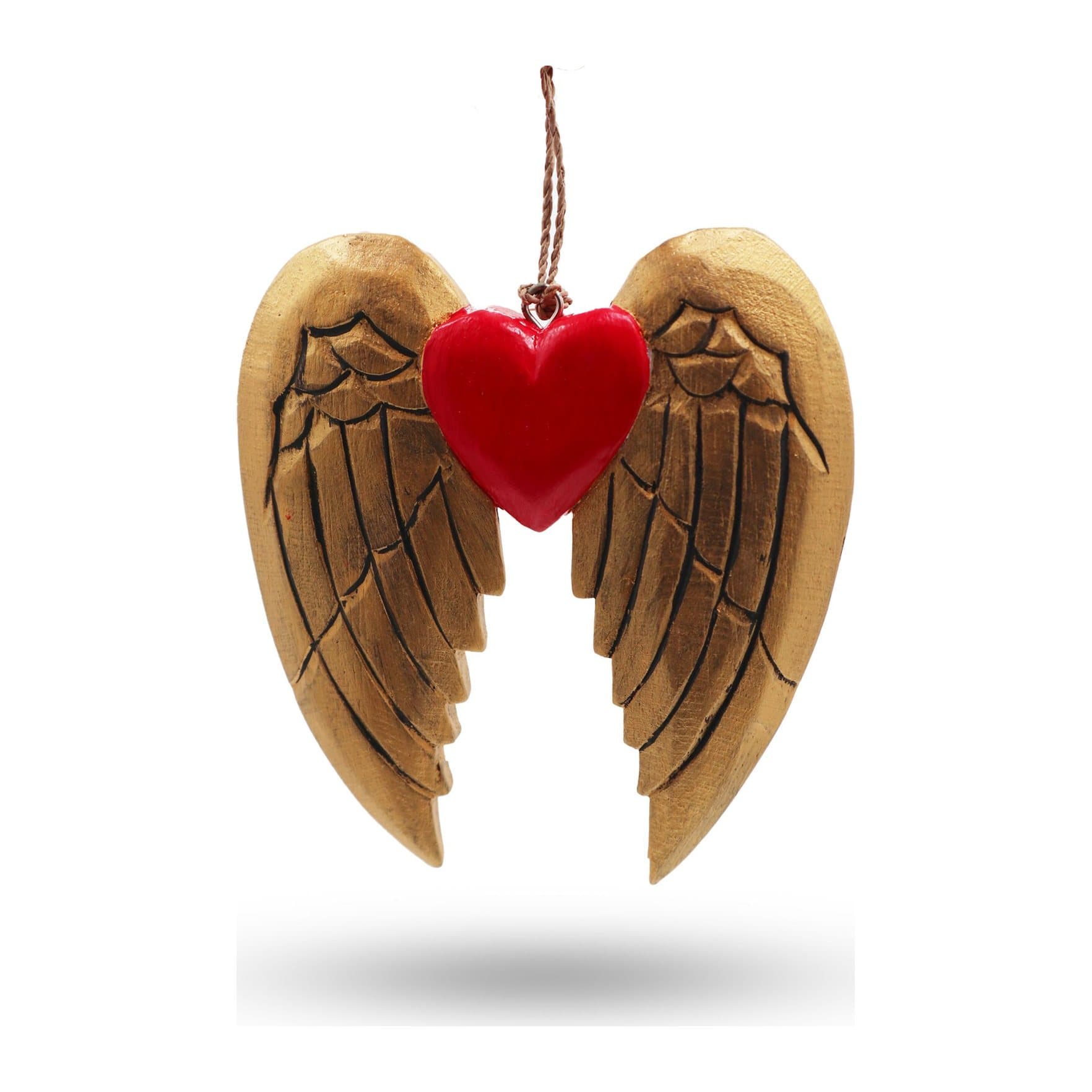 Gold wooden angel wing and heart Christmas decorations with black or white detail