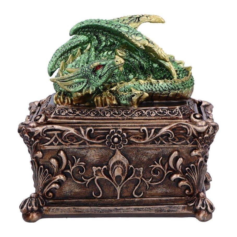 Golden trinket box topped with a green dragon