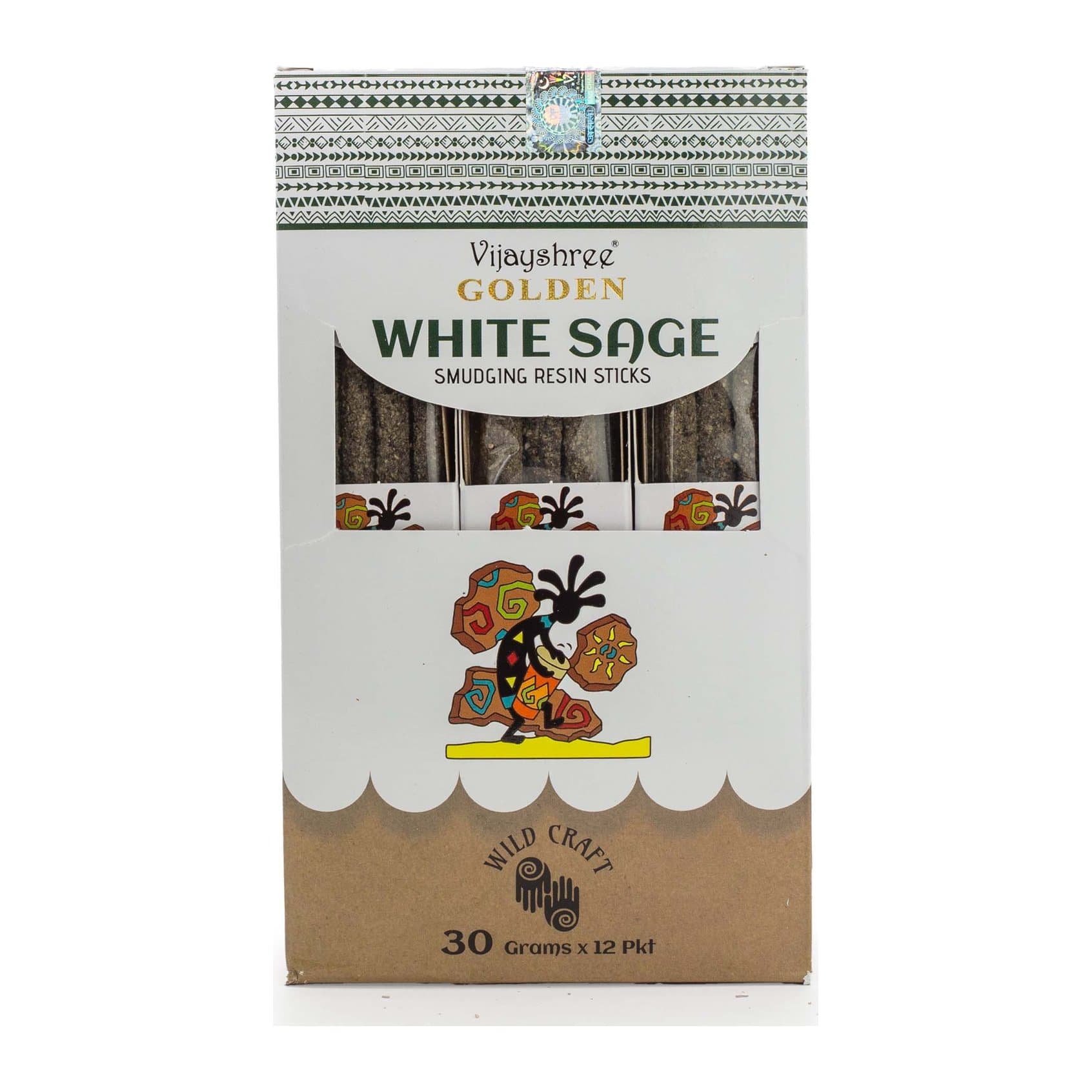 Golden white sage resin sticks in a slim illustrated box