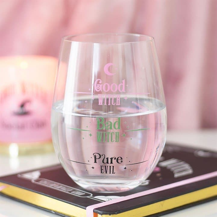 Stemless glass with bold good witch bad witch lettering