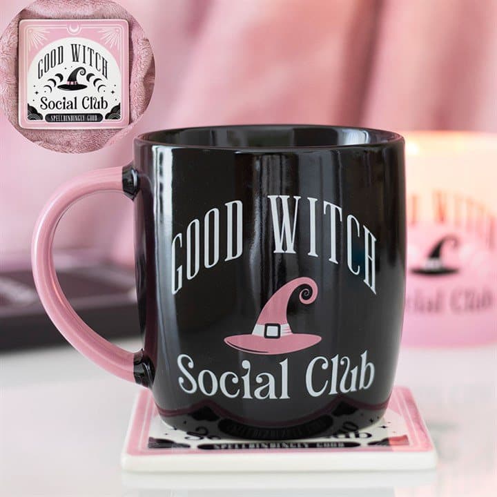 Pastel pink witch hat design mug with matching coaster