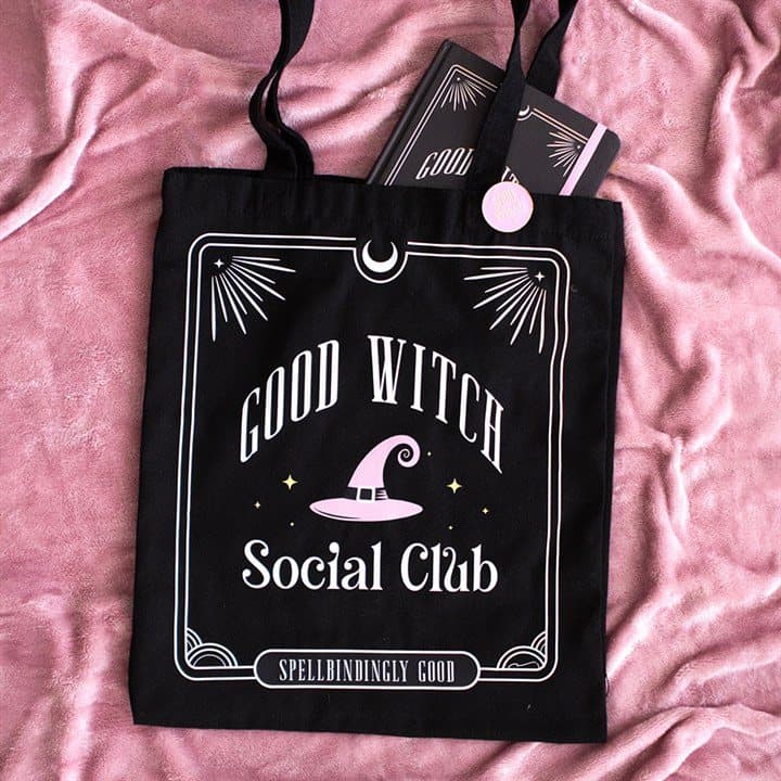 Black Good Witch Social Club polycotton tote bag with matching enamel pin badge